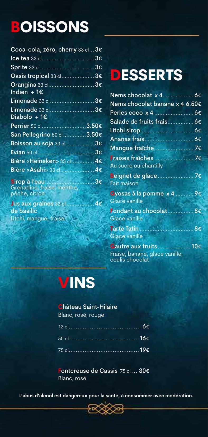 Boissons, desserts et vins (Château Saint-Hilaire, Fontcreuse de Cassis)